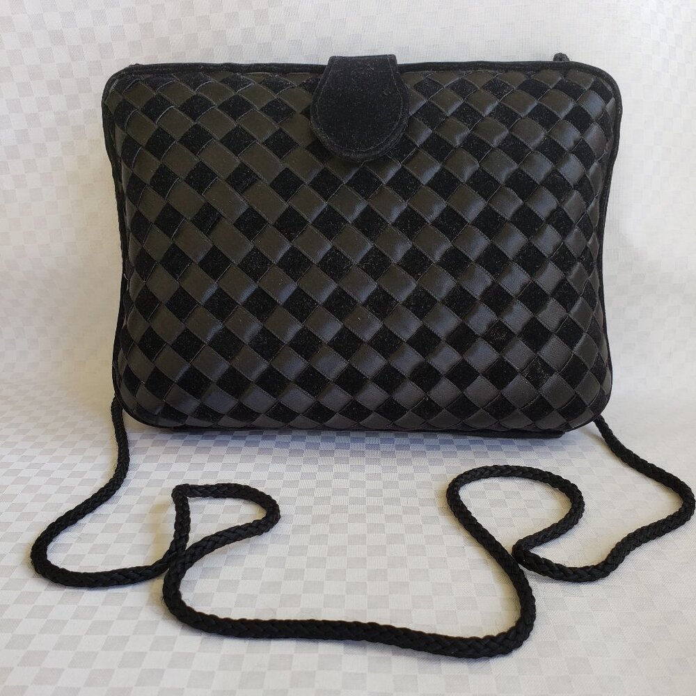 Black crossbody velvet and ribbon bag with a diamond pattern design